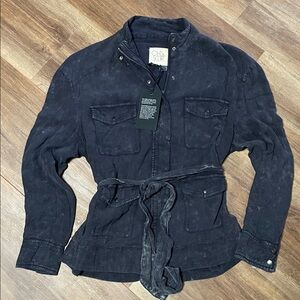 Chaser Lightweight Military Style Full Zip Snap Cardigan Jacket Black Acid Wash